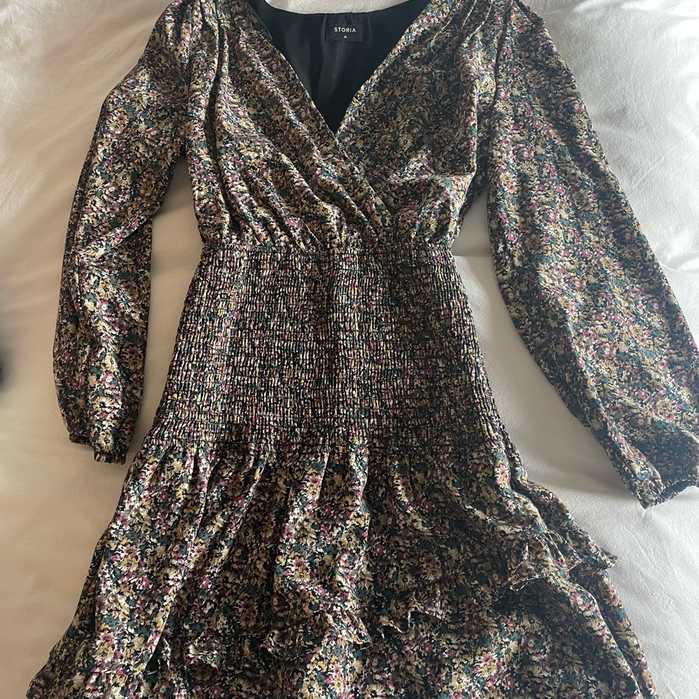 Storia Floral Smocked Waist Black Floral Dress
